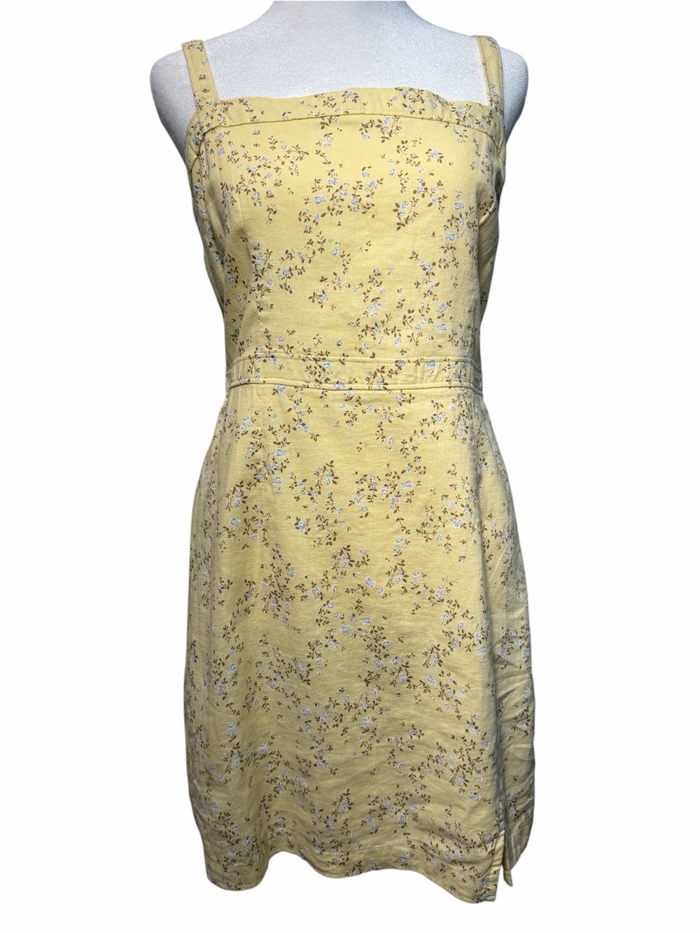 Abercrombie & Fitch Yellow Floral Denim Square Neck Mini Dress Slit Cottagecore